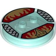 Function Brick Round 4 x 4 x 2/3 with 2 Studs and Gold Chima Eagle Symbol and Red Fire Print / Trans-Light Blue