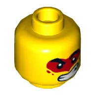 Minifig Head Monkie Kid, Thick Eyebrows, Serious / Lopsided Open Mouth Smile with Teeth and Red Paint Around Eyes Print / Yellow