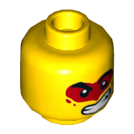 Lego Minifig Head Monkie Kid, Thick Eyebrows, Serious / Lopsided Open Mouth Smile with Teeth and Red Paint Around Eyes Print / Yellow