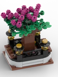 Small Tree in planter with benches and lanterns.
