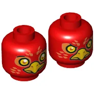 Minifig Head Flinx, Phoenix with Orange Eye Circles, Orange Feathers, Yellow Eyes and Beak, Surprised / Stern Print / Red