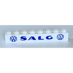 Brick 1 x 8 with 'VW SALG VW' Bold Blue Print / White