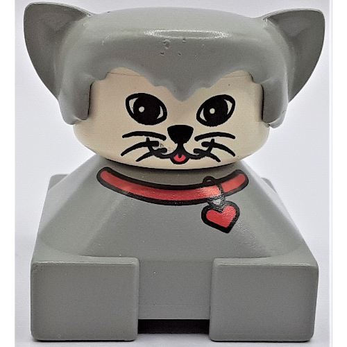Lego Duplo 2 x 2 x 2 Figure Brick, Hair with Cat Ears Light Gray, White Face with Round Eyes and 2 Whiskers Print / Light Gray