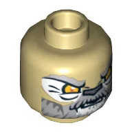 Minifig Head Lagravis, Lion with Orange Eyes and Gray and White Beard Closed Mouth / Open Mouth Print / Tan
