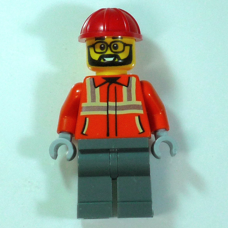 Lego Construction Worker, Orange Safety Jacket, Dark Bluish Grey Legs, Red Hard Hat