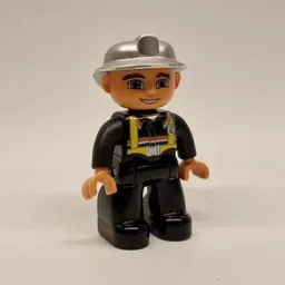Duplo Figure with Fireman Helmet Silver, and Nougat Face and Hands / Black