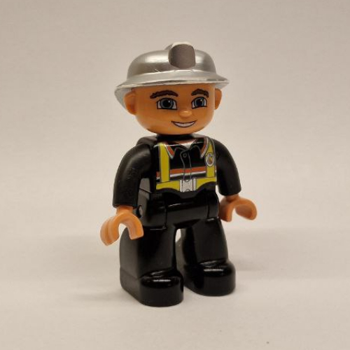 Lego Duplo Figure with Fireman Helmet Silver, and Nougat Face and Hands / Black