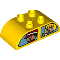 Duplo Brick 2 x 4 Curved Top with Boy and Blond Haired Girl / Red Haired Girl and Rabbit in Windows Print / Yellow