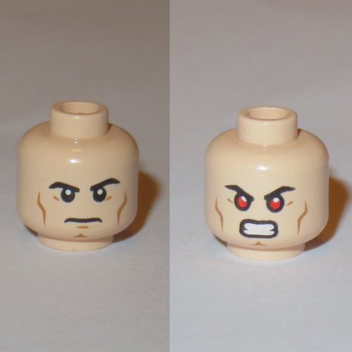 Lego Minifig Head Superman, Eyebrows, Cheek Lines, Chin Dimple, Determined / Bared Teeth with Red Eyes Print / Light Nougat