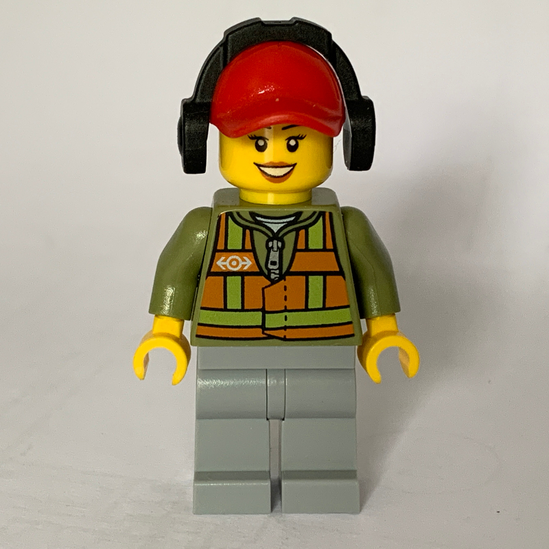 Lego Train Worker, Woman, Orange Safety Vest with Train Logo over Olive Green Hoodie, Light Bluish Gray Legs, Red Cap with Ear Defenders