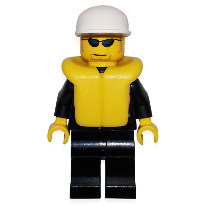 Lego Policeman, Black Jacket with Pocket and Badge, White Cap, Yellow Life Vest, Sunglasses
