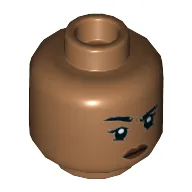 Minifig Head MJ / Amber Grant, Peach Lips, Raised Black Eyebrow / Slight Smile / Medium Nougat