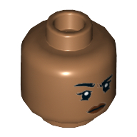 Lego Minifig Head MJ / Amber Grant, Peach Lips, Raised Black Eyebrow / Slight Smile / Medium Nougat