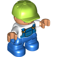 Lego Duplo Figure Child with Cap Lime, with White Shirt under Blue Coveralls with Pocket - Freckles - Blue Legs / White