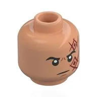 Minifig Head Monkey D. Dragon, Black Eyebrows, Dark Red Squares, Neutral Stare / Lopsided Scowl / Nougat