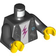 Lego Torso Leather Jacket, Open over White Undershirt with Magenta Lightning Bolt Print, Black Arms, Yellow Hands / Black