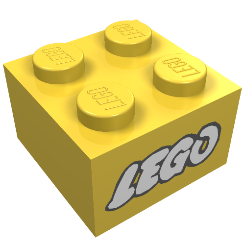 Lego Brick 2 x 2 without Inside Ridges with LEGO Logo with Open O White with Black Outline Print / Yellow