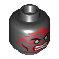 Lego Minifig Head Warrior, Lime Eyes, White Fangs, Red Face Decorations, Dark Red Mouth Print [Hollow Stud] / Black