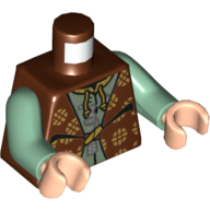Lego Torso Robe Clasped, with Orante Gold Design over Sand Green Tunic Print, Sand Green Arms, Light Nougat Hands / Reddish Brown