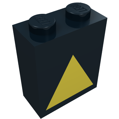 Lego Brick 1 x 2 x 2 with Inside Axle Holder with Yellow Triangle Print / Black