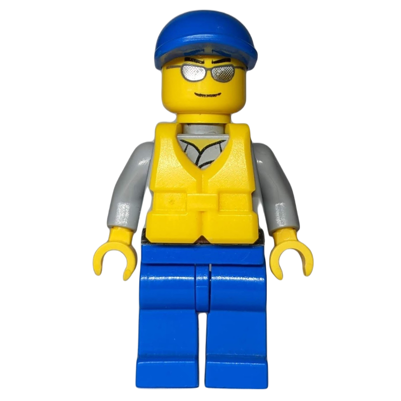 Lego Coast Guard, Light Bluish Gray Shirt with Badge, Blue Cap, Yellow Life Vest, Silver Sunglasses
