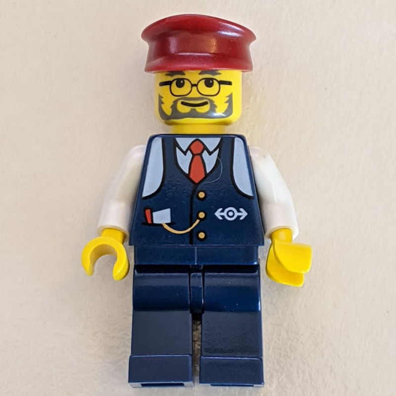 Lego Conductor - Dark Blue Jacket, Dark Blue Legs, Dark Red Hat, Glasses