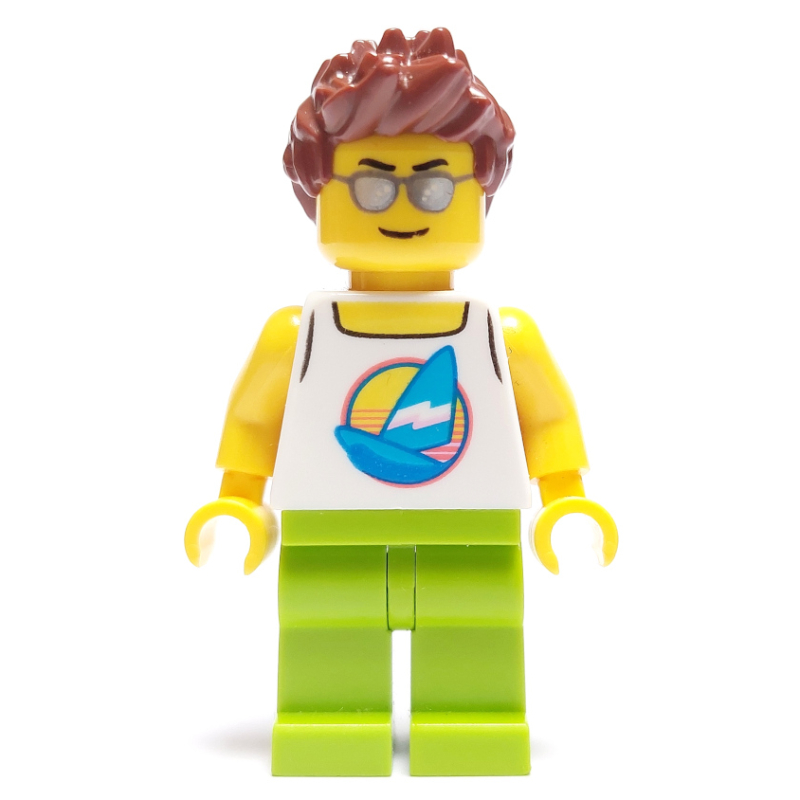 Lego Man, White Tank Top with Windsurfer, Lime Legs, Reddish Brown Hair, Silver Sunglasses