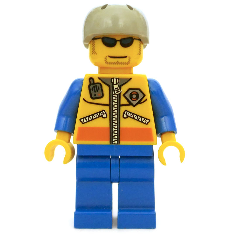 Lego Coast Guard, Yellow Jacket with Zipper, Radio and Badge, Light Bluish Gray Helmet, Sunglasses