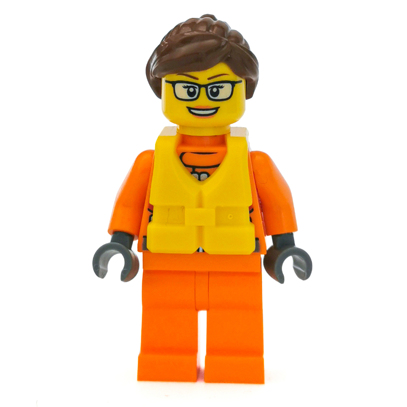 Lego Coast Guard, Woman, Orange Jumpsuit, Yellow Life Vest, Reddish Brown Hair, Glasses