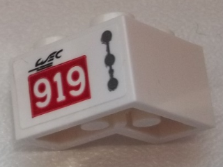 Lego Brick 2 x 2 Corner with Dark Bluish Gray Line and Dots, Black 'WEC', '919' on Red Rectangle Pattern Model Right Side (Sticker) - Set 75876