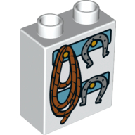 Lego Duplo Brick 1 x 2 x 2 with Bottom Tube with Rope and Horseshoes Print / White