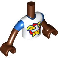 Lego Minidoll Torso Boy with White Shirt, Yellow Pizza, 'ZZZ', Game Controller, Red Circle Arrow, Blue Sleeves print, Reddish Brown Arms and Hands / Reddish Brown