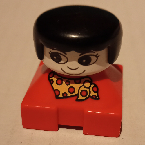 Lego Duplo 2 x 2 x 2 Figure Brick, Rounded Bangs, White Head, Black Hair, Yellow and Red Spotted Scarf Print / Red