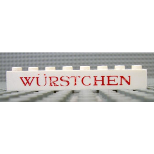 Lego Brick 1 x 8 without Bottom Tubes with Cross Side Supports with 'Würstchen' ('Wurstchen') Thin Red Print / White