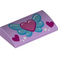 Brick Curved 2 x 4 x 2/3 No Studs with Pink Heart on Blue Wings, White Circles and 2 Magenta Hearts Print / Lavender