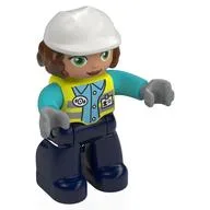 Duplo Figure with Construction Helmet White, Reddish Brown Hair, with Vibrant Yellow Vest, Dark Blue Legs / Vibrant Yellow