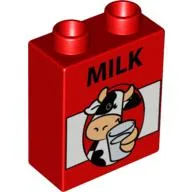Duplo Brick 1 x 2 x 2 with Cow, Glass and 'MILK' Print / Red