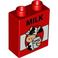 Lego Duplo Brick 1 x 2 x 2 with Cow, Glass and 'MILK' Print / Red