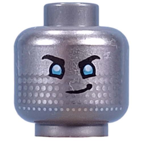 Lego Minifig Head Cooper, Blue Eyes, Silver Dots, Determined Smile/Open Mouth Happy / Flat Silver
