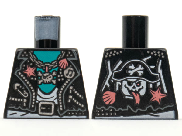Lego Torso Biker Vest, Coral and Silver Trim with Skull and Crossbones Pendant, White Shirt and Dark Turquoise Chest, Pirate Skull on Back Pattern