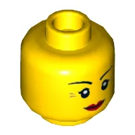 Minifig Head, Red Lips, Crow's Feet and Beauty Mark, Smile / Annoyed with Short Frown Lines Print / Yellow