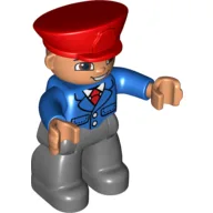 Duplo Figure with Police Style Hat Red, with Dark Bluish Gray Legs, Blue Jacket with Tie, Smile with Teeth (Train Conductor) / Blue