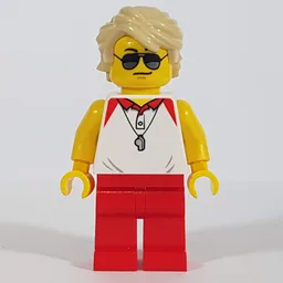 Lifeguard, White Polo Shirt with Whistle, Red Legs, Tan Hair, Sunglasses
