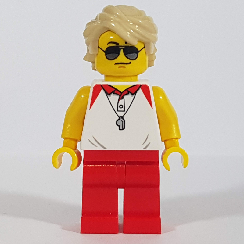 Lego Lifeguard, White Polo Shirt with Whistle, Red Legs, Tan Hair, Sunglasses