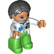 Lego Duplo Figure Bob / Pageboy Hair Black, with Nurse / Medic / Vet - Bright Green Legs / White