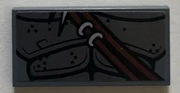 Tile 2 x 4 with Pearl Dark Gray Armor and Metallic Silver Spikes on Reddish Brown Sash Lower Pattern (Sticker) - Set 76075 / Dark Bluish Gray