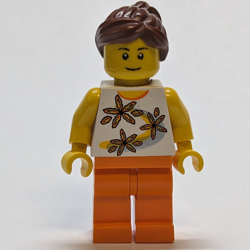 Lego White Torso with Flowers, Orange Leg, Dark Brown Ponytail