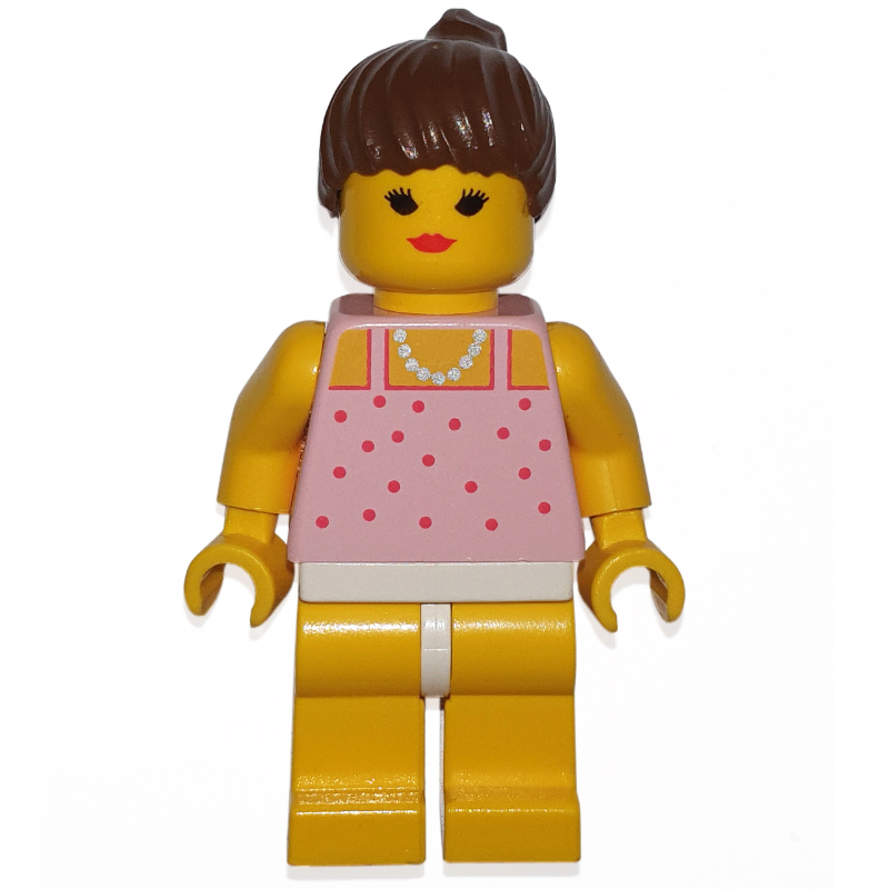 Lego Woman, Pink Top with Spots, Yellow Legs, Brown Hair - Closed Mouth