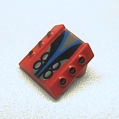 Lego Brick Sloped 2 x 2 No Studs, with 3 Side Pistons Raised Edges and Silver/Black/Blue Print / Red