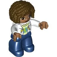 Duplo Figure with Curly Hair Dark Brown, Dark Blue Legs, Jacket over Yellowish Green Shirt Print / White